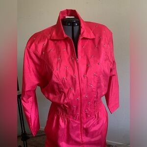 Joan Walters - Hot Pink Jumpsuit- Size 6 - Vintage- Zip Up with Rinestones